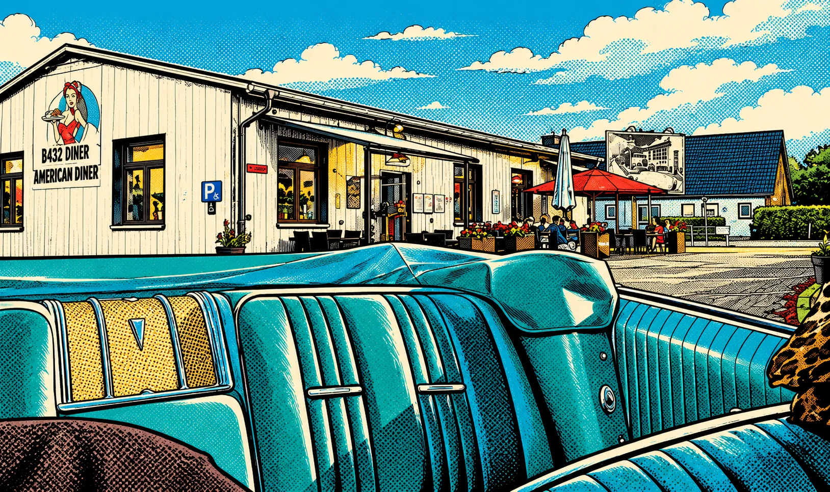 Das B432 Diner mit Terrasse und türkisfarbenem Oldtimer im Comic-Stil